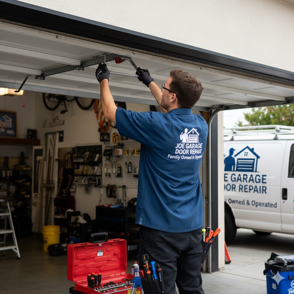 Technician performing garage door tune-up service
